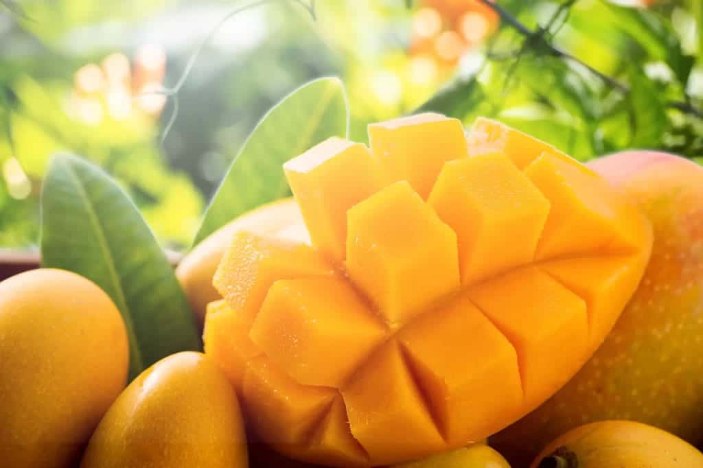 A close view of a rich and ripe mango cut in cubes