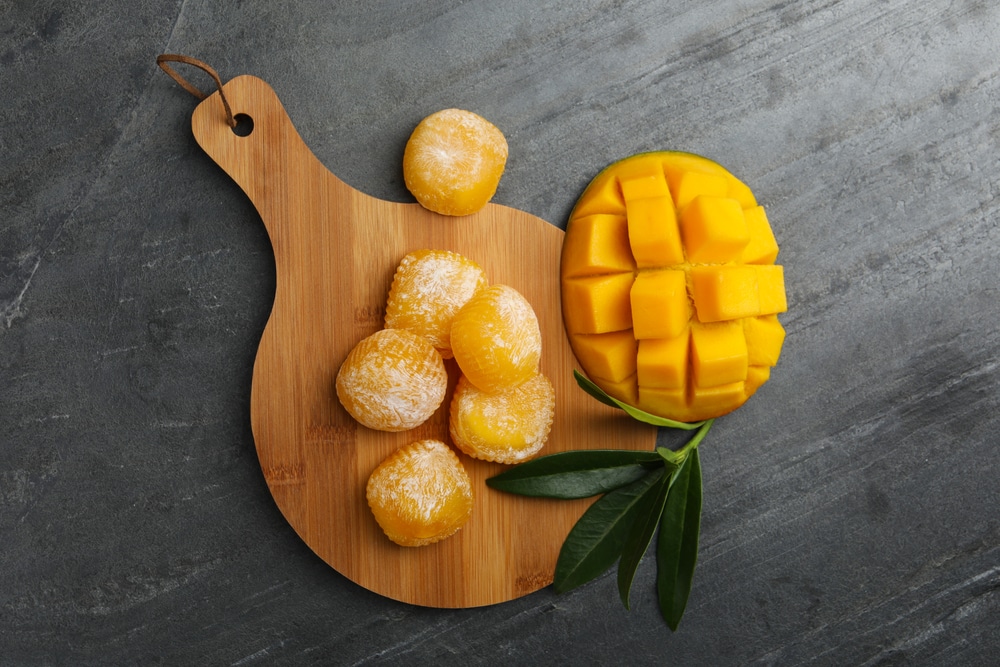 Delicious Mango Mochi On Grey Table Flat Lay