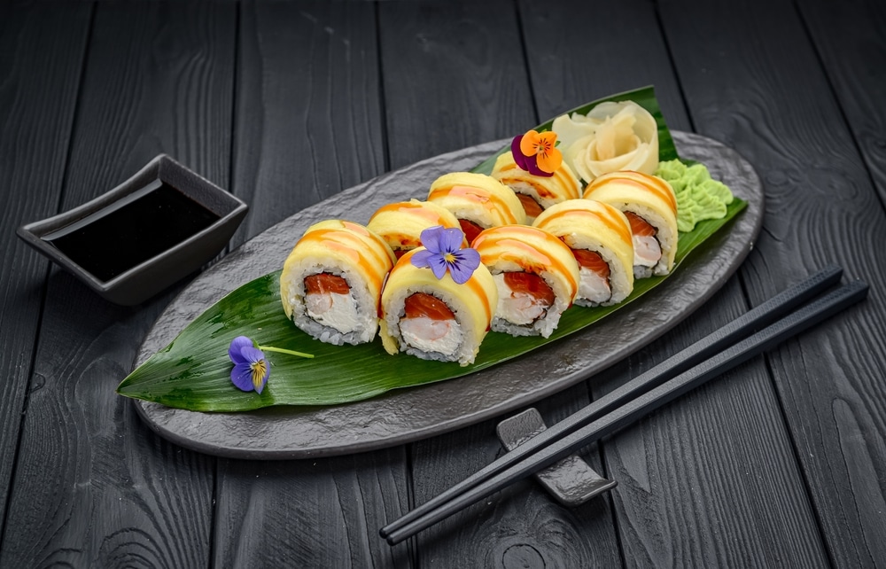 Sushi Rolls With Salmon Shrimp And Mango 