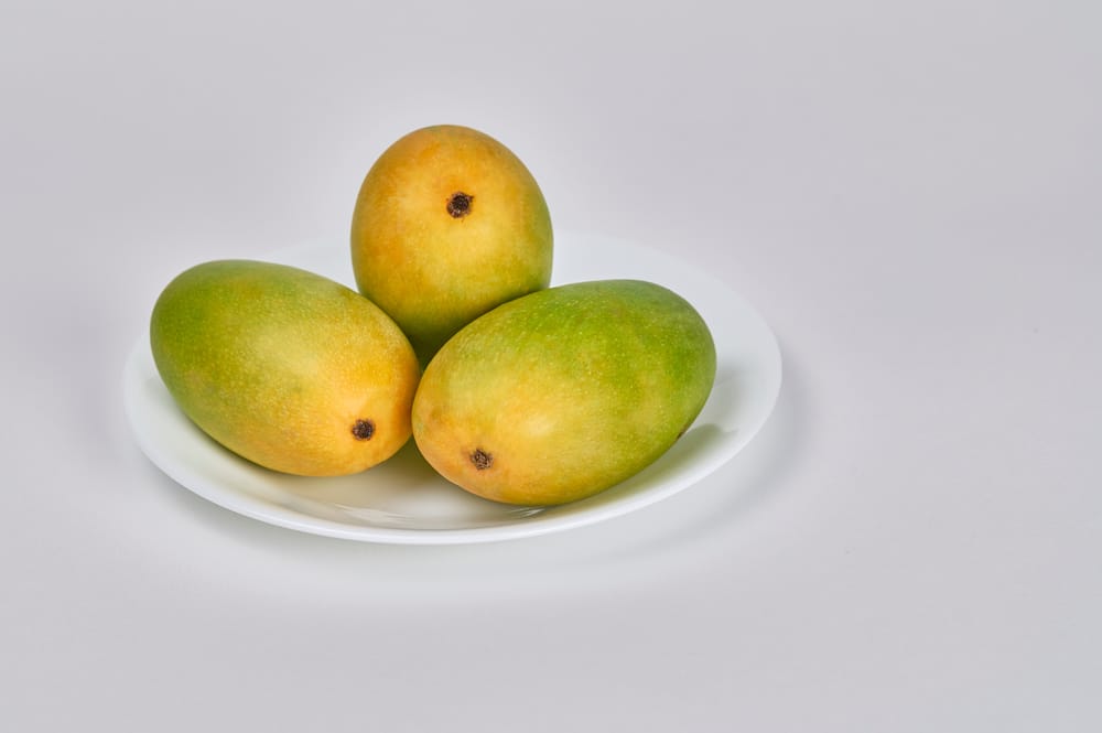 Three Dassehri Mangoes On A White Plate Against A White