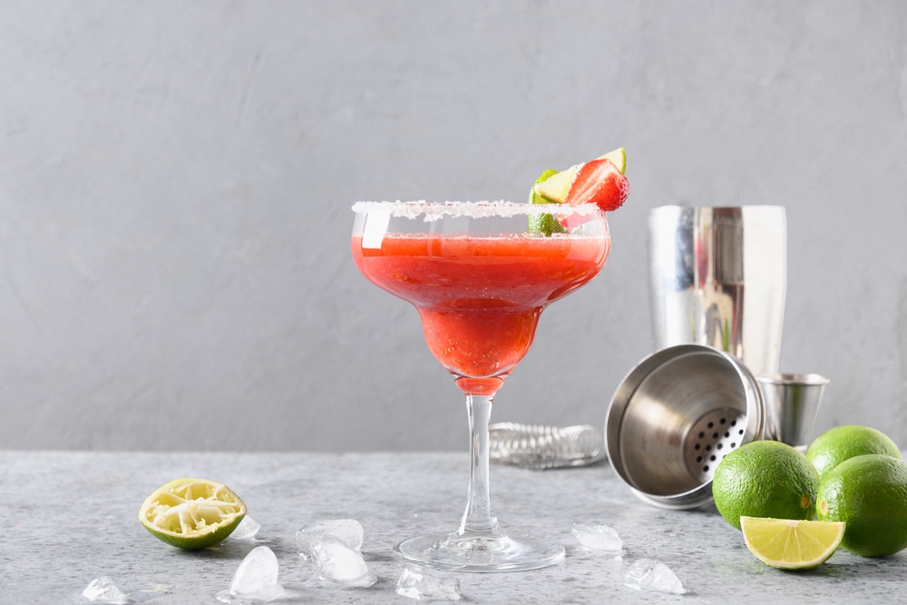 Strawberry Margarita Cocktail Garnish Lime On Gray Background Alcoholic Margarita