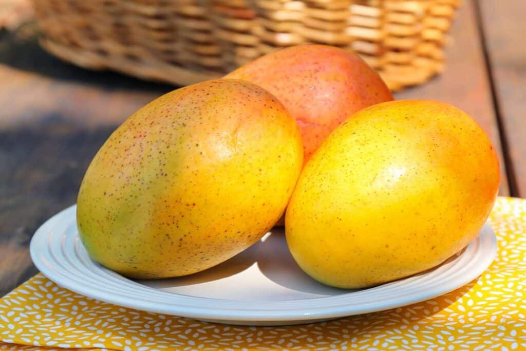 A view of ripe mangoes on a plate
