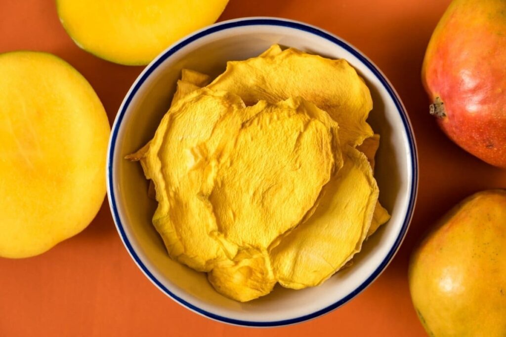 An overhead view of dried mangoes
