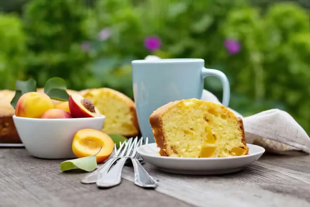 A slice of mango peach bread on a plate with fresh peaches forks and a cup in a garden setting A slice of mango peach bread on a plate with fresh peaches forks and a cup in a garden setting