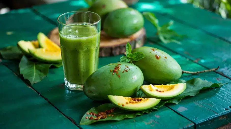 Glass of green mango juice with whole and sliced raw mangoes Glass of green mango juice with whole and sliced raw mangoes
