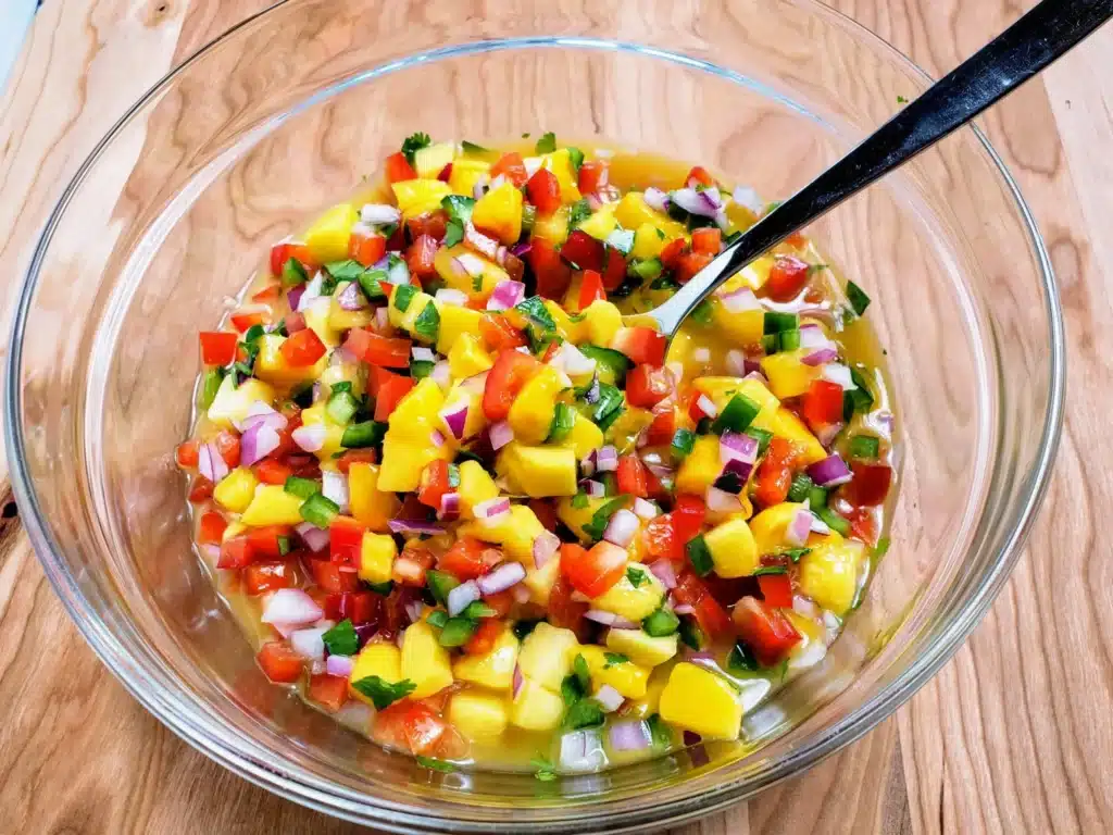 A fresh mango salsa with diced mango red bell pepper red onion cilantro and jalapeños all mixed in a bowl A fresh mango salsa with diced mango red bell pepper red onion cilantro and jalapeños all mixed in a bowl