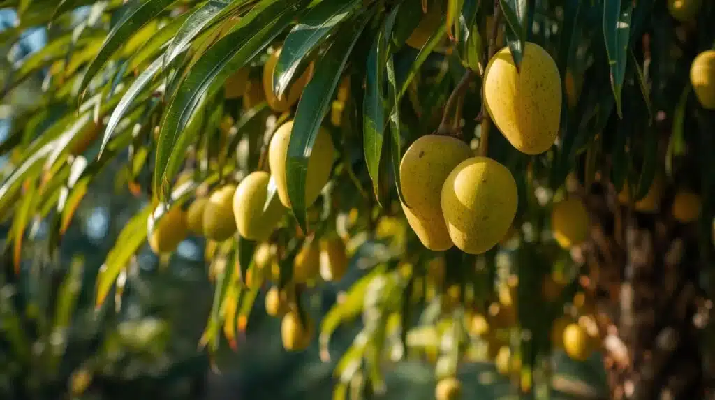 A mango tree with green and ripe yellow mangoes under bright sunlight A mango tree with green and ripe yellow mangoes under bright sunlight