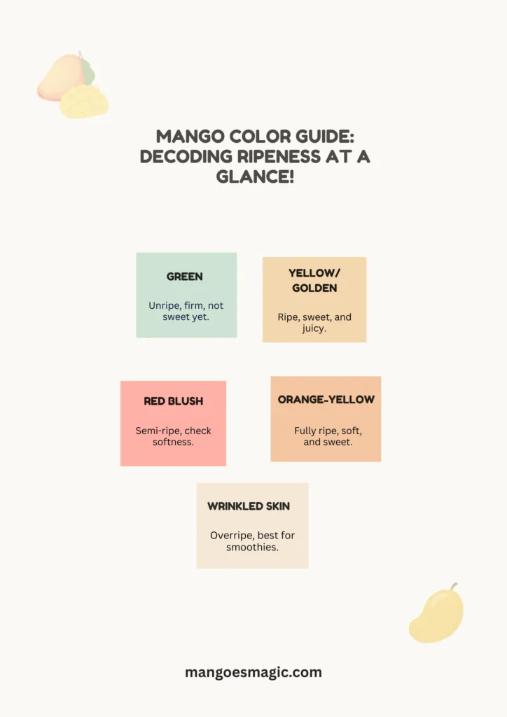 An infographic showing mango color guide showing ripeness stages An infographic showing mango color guide showing ripeness stages